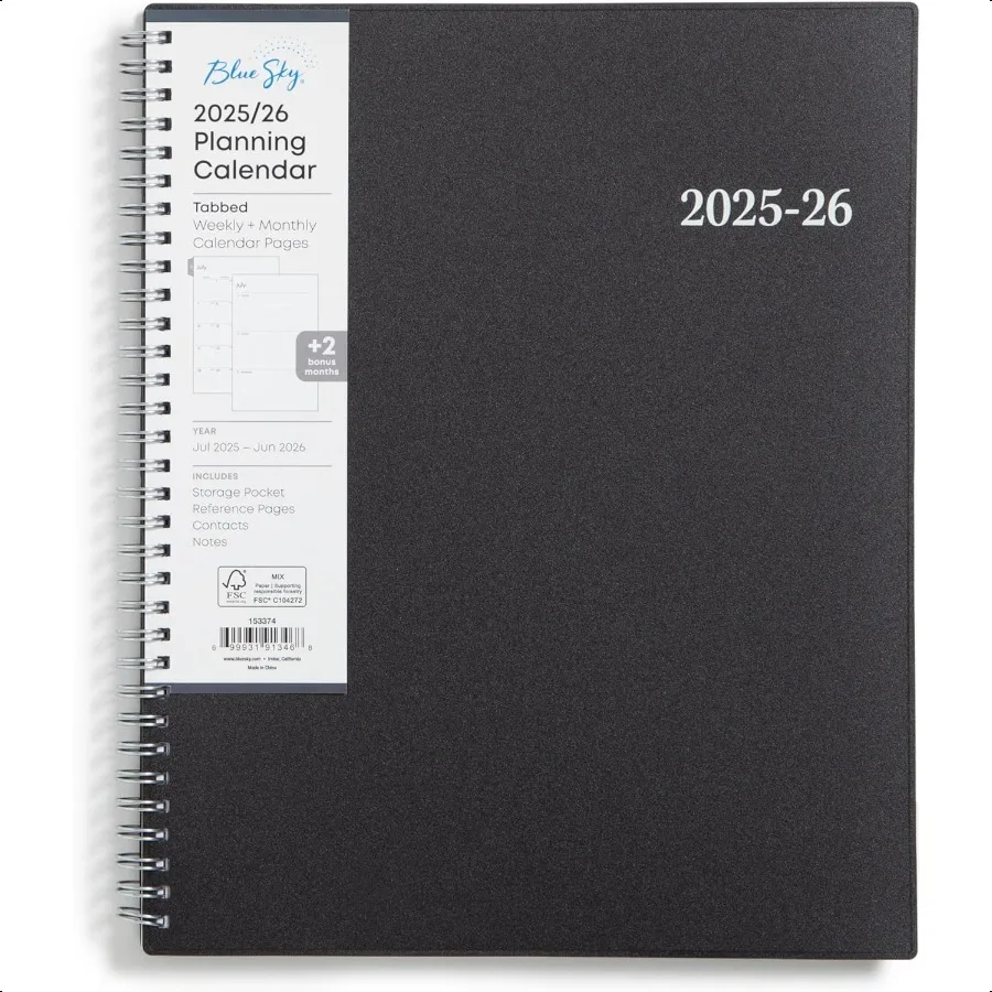 

20252026 Weekly and Monthly Academic Year Calendar July June 8.5 x 11 Flexible Cover Wirebound Laminated Tabs Storage Pocket E