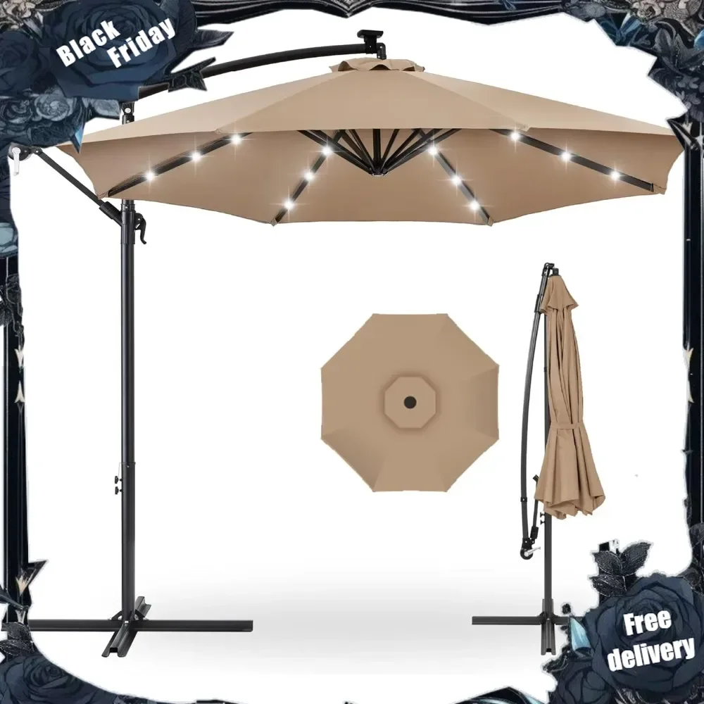 10ft Solar LED Offset Hanging Market Patio Umbrella for Backyard, Poolside, Lawn and Garden w/Easy Tilt Adjustment