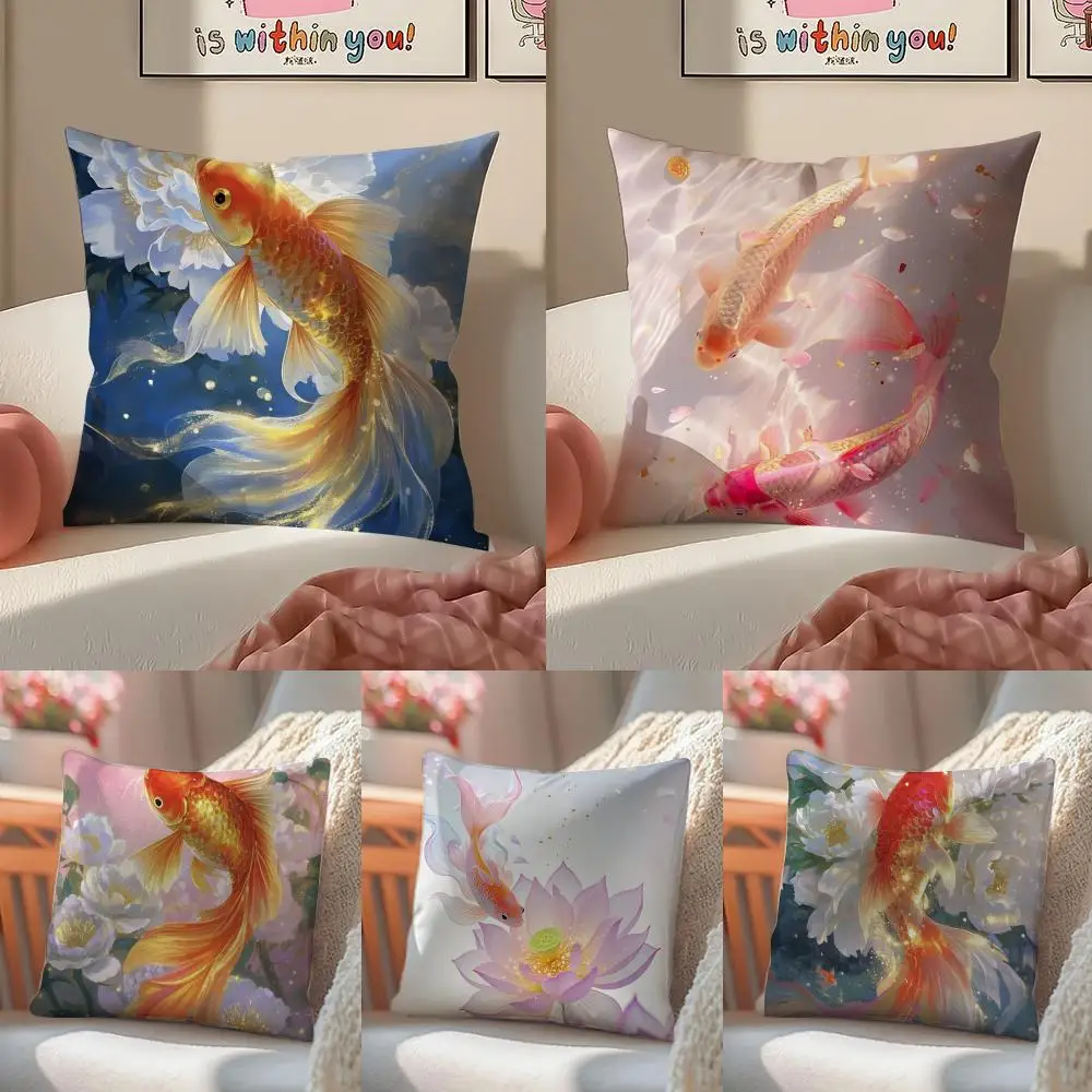 

Fashion Auspicious koi carp and lotus flowers Cushion Cover Linen Pillowcase Cover Soft Decor for Sofa Home Room