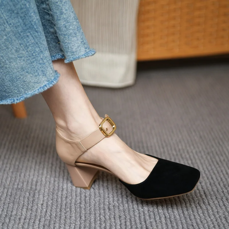 

Woman Sandals Retro Ladies Cowhide Patchwork Shoes Elegant Summer Sandal Spring Closed Toe Roman Style Vintage Pumps With Buckle