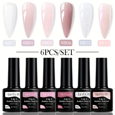 LILYCUTE 6pcs 2-In-1 Rubber Base Gel Nude Pink Color Milky White Soak Off Semi-Permanent Self-leveling Gel Nail Art Varnish