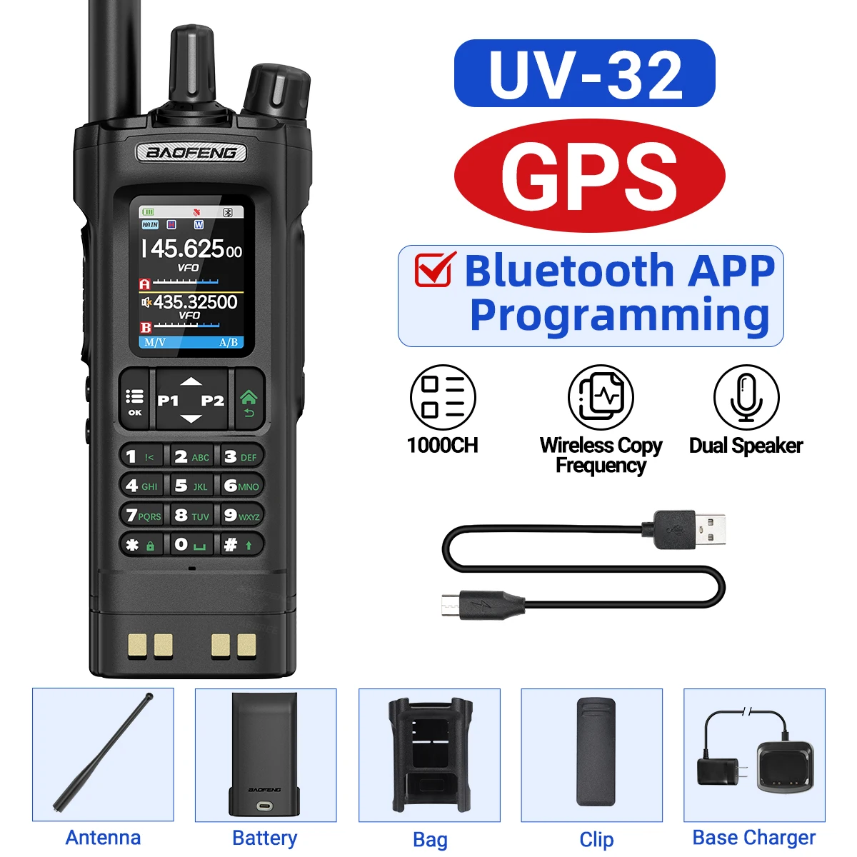 BAOFENG UV-32 Walkie Talkie GPS Multi Band 10W Bluetooth Draadloze Programmering Kopieerfrequentie 1000CH Lange afstand Ham Tweerichtingsradio