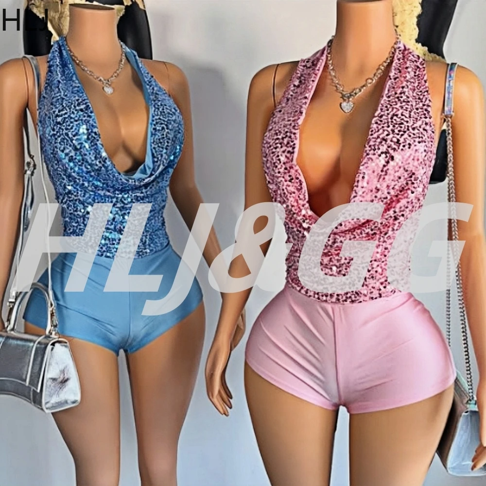 

HLJ Sexy Sequin Deep V Bandage Two Piece Sets Women Sleeveless Backless Slim Crop Top And Shorts Outfits Y2K Fashion Streetwear