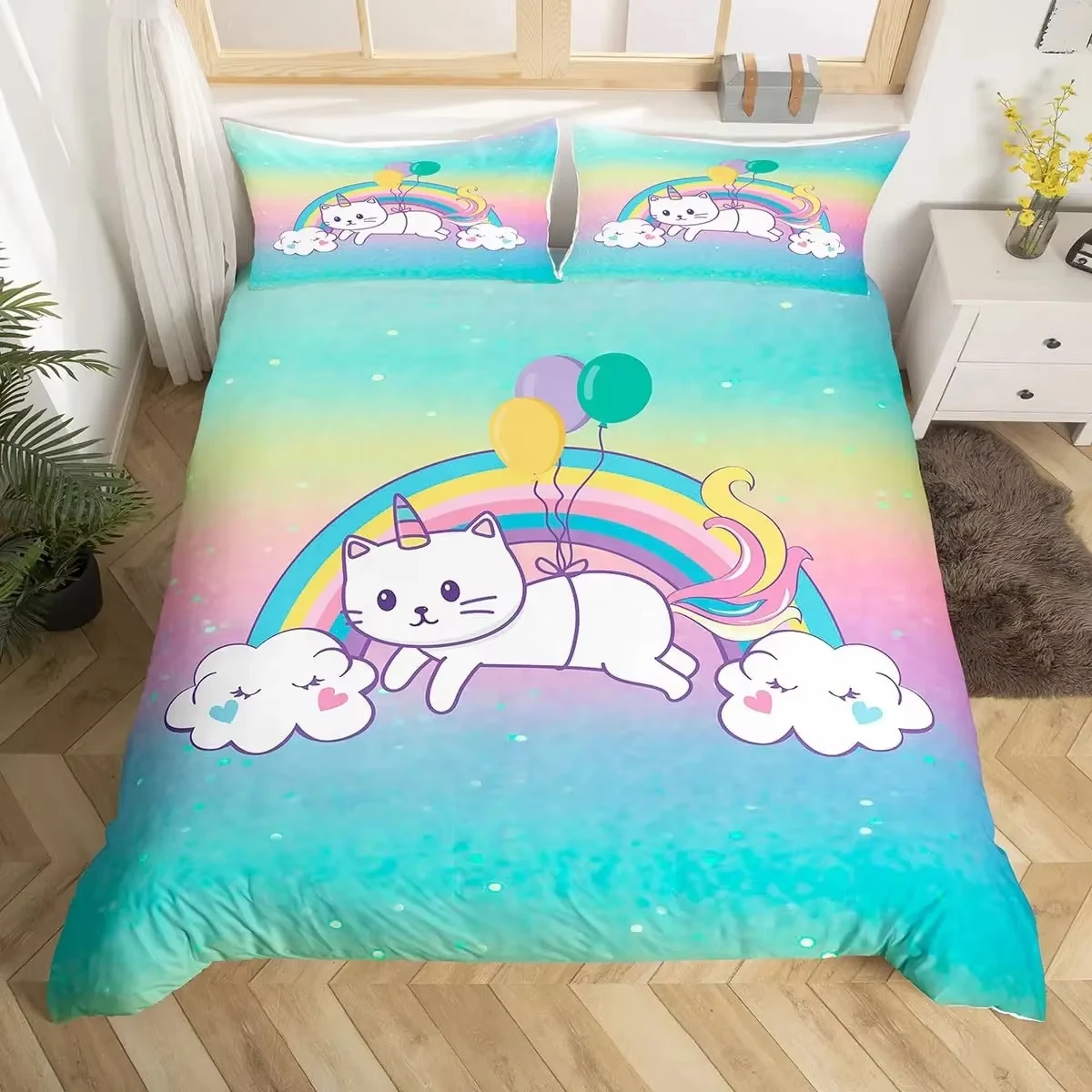Cartoon Cat Unicorn Duvet Cover Sweet Strawberry Milk Bedding Set Pet Animals Comforter Cover Desserts Cakes Food Quilt Cover