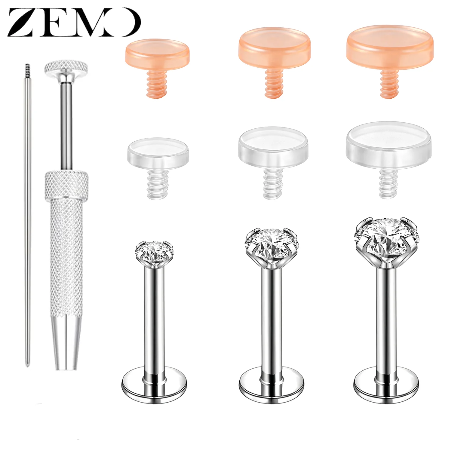 ZEMO 1 Stück 16G Labret-Piercing-Schmuck aus ASTM F136 Titan, 2/3/4MM Innengewinde, CZ-Kristall, Lippenstecker, Ohrringe, Tragus-Piercings