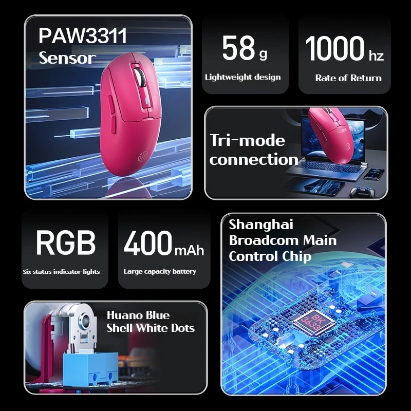 IN6 Wireless Bluetooth Gaming Mouse Tri-Mode PAW3311 12000DPI 1000HZ RGB Ultra Light Esports Mouse Gamer Accessories FPS CSGO