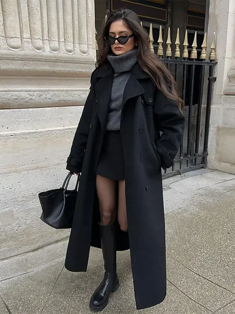 Women Fashion Black Double Breasted Woolen Long Coats Elegant Lapel Full Sleeves Overcoats Autumn Winter Chic Lady Outwears