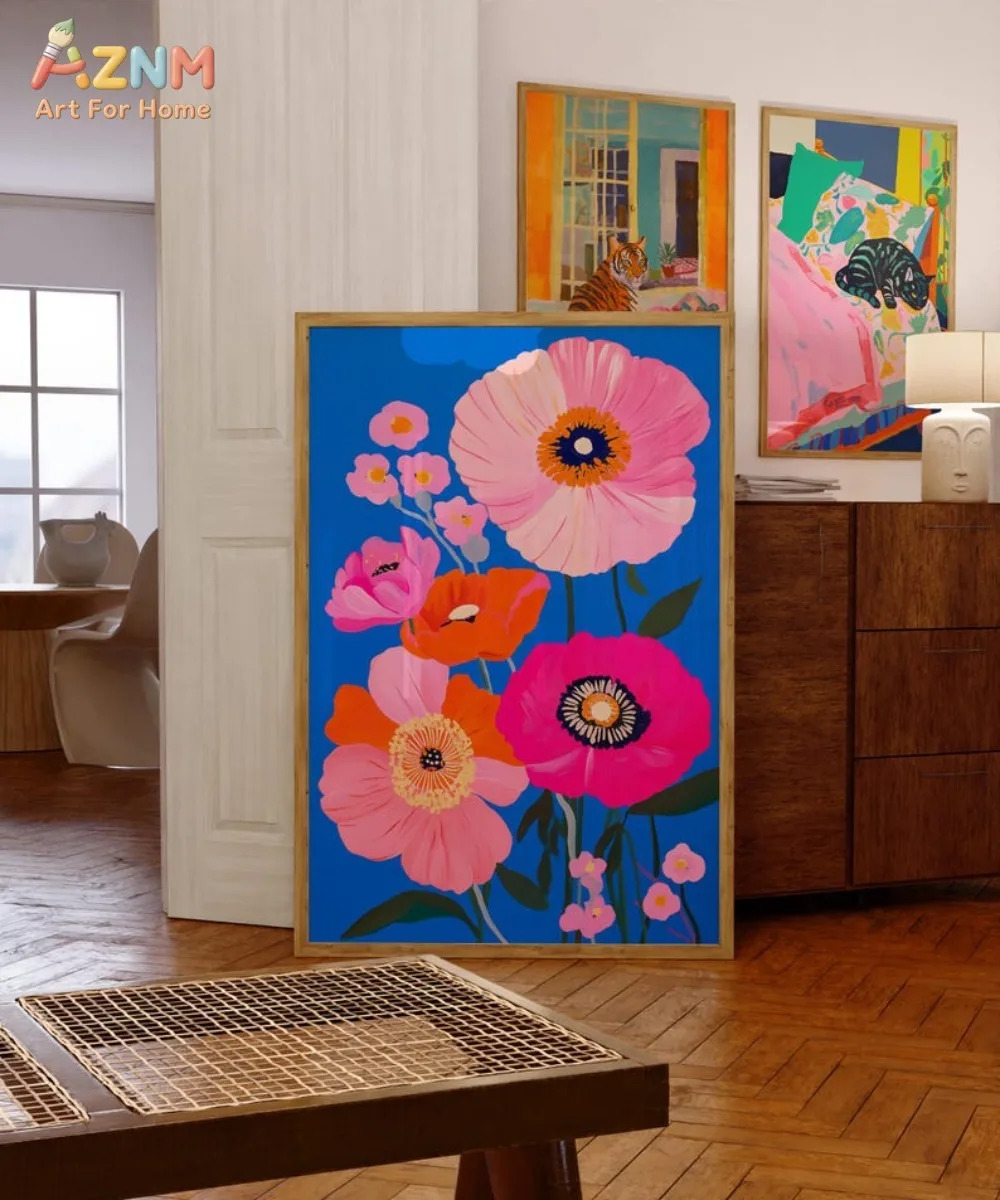 AZNM Bright Blue Background Pink Poppy Flower Canvas Print Colorful Floral Abstract Oil Painting Modern Living Room Home Wall De