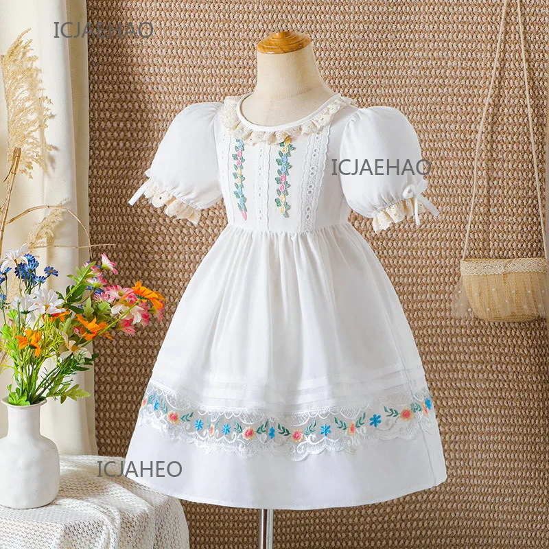 

Teen Girl Clothes 2025 Children Girls Puff Sleeve Dress Costume Kids Cotton Floral Bow Embroidery Sweet Princess Summer Dresses