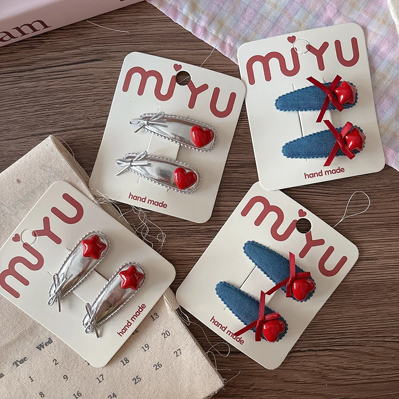 2Pcs Sweet Red Star Children's Side Bangs Hairpin Bb Clip Girls Denim Silver Leather Hairpin Hair Accessories