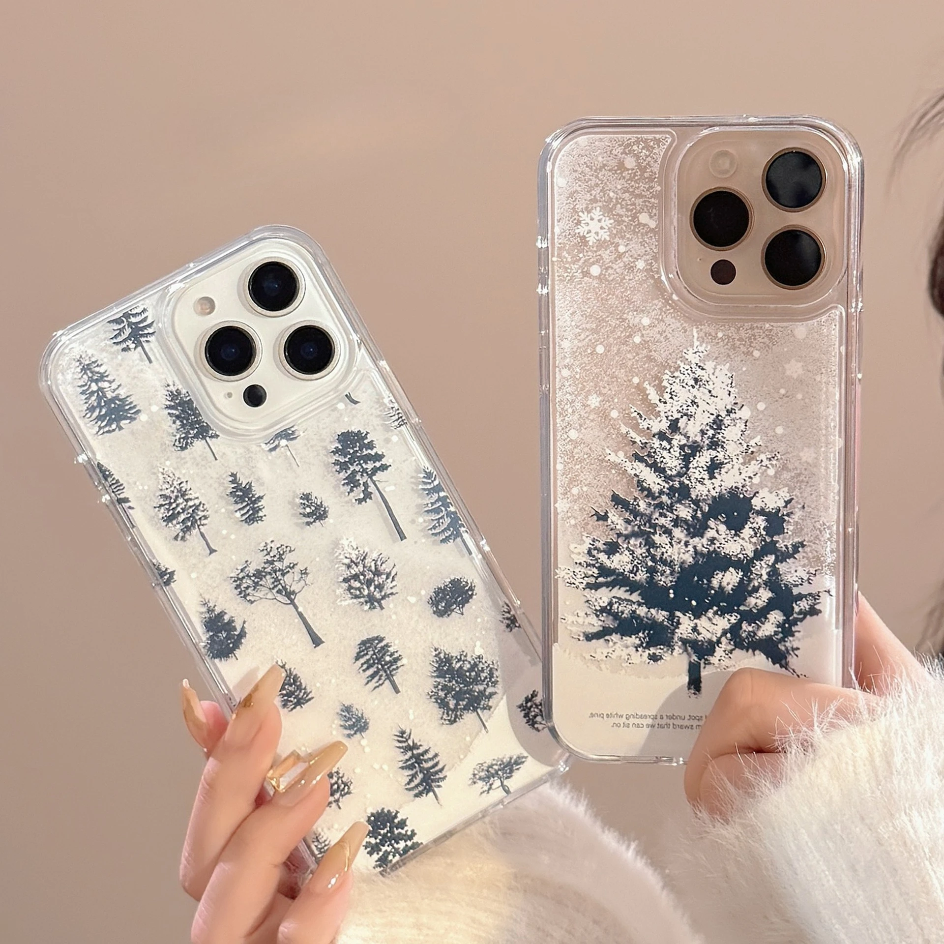 Capa de telefone de árvore de natal de floco de neve de inverno para 16 15pro max 14 13pro capa de telefone semi-transparente com flocos de neve fluindo