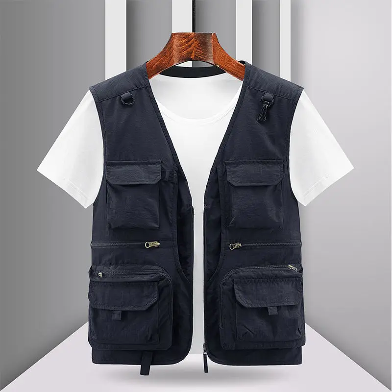 Men Outdoor Vest Multi-Pocket Solid Color Fishing Director Reporter Work Waistcoat Photography Casual Vest Jacket Male