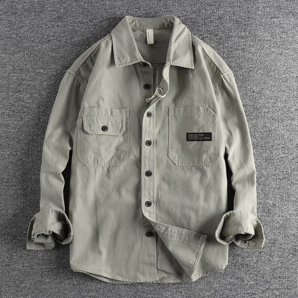 Cargo pocket sticker design retro trend long-sleeved shirt for men new autumn new youth cotton shirt jacket