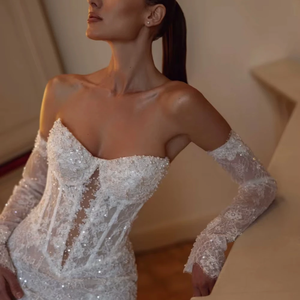 تخصيص العاج انفصال كم مطرز الدانتيل فستان الزفاف للمرأة العروس رومانسية الحبيب الرقبة الوهم ثوب الزفاف