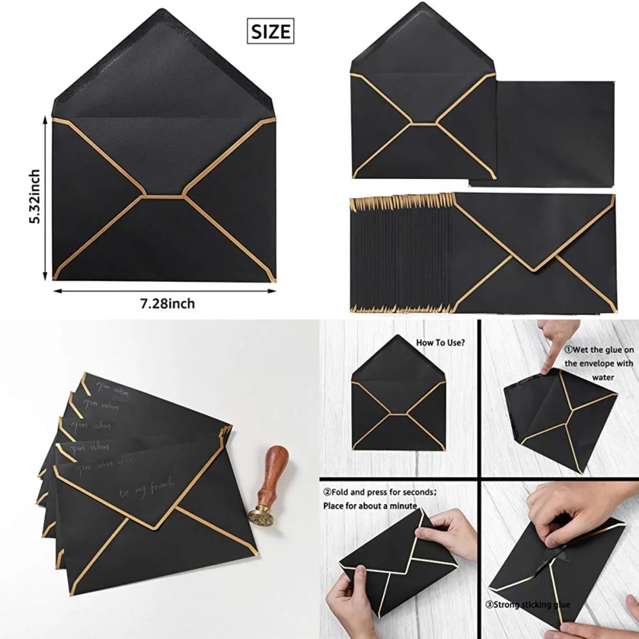 

50 Pack A7 Envelopes 5 x 7 with Gold Border Self-Adhesive, V Flap, For Wedding, Graduation, Baby Shower, Parties, Invitations