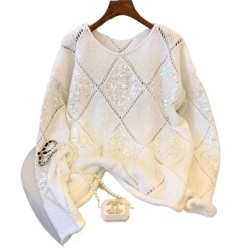 امرأة جوفاء محبوك سترة الترتر الصلبة بريق الحياكة بلوزة طويلة الأكمام البلوز البلوزات الإناث سيدة نادي الشاطئ الزي