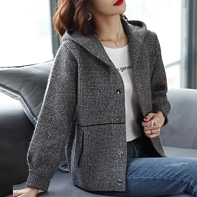 2024 NEW Spring Autumn Female Plaid Cardigan Jacket Hooded Knitted Coat Middle Aged Women Casual Cardigan Sweater Overcoat  4XL