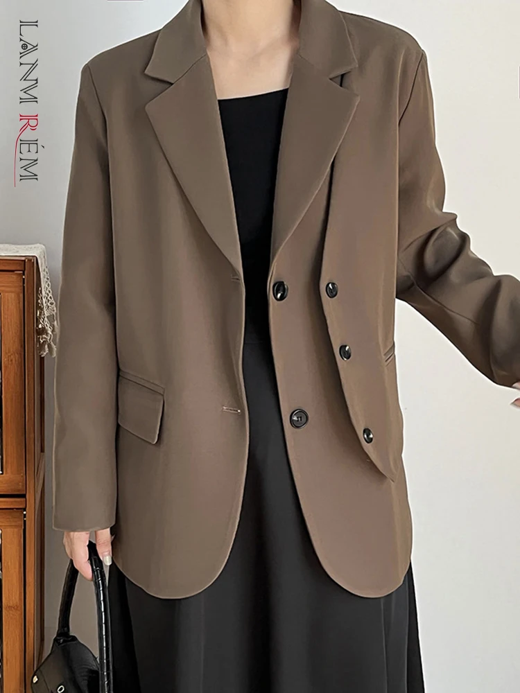 LANMREM Fashion Patchwork Design Blazer Coat For Women Solid Notched Long Sleeves Double Breasted Coats Autumn New 2AA1095