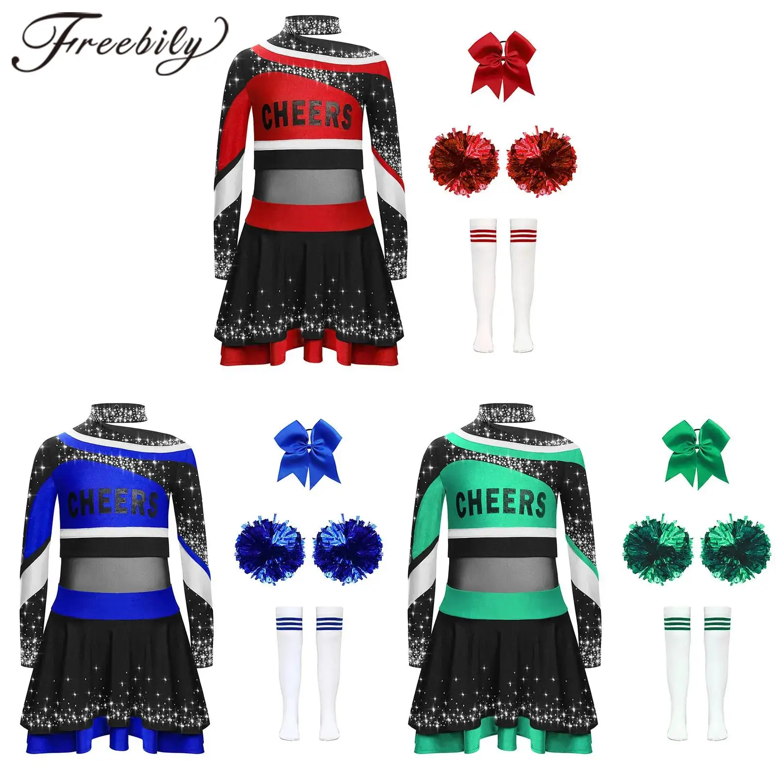 Kids Girls Cheerleader Costumes Cheer Dance Suits Cheerleading Outfits Letter Print Shiny Rhinestones Cheering Teamwear Sets