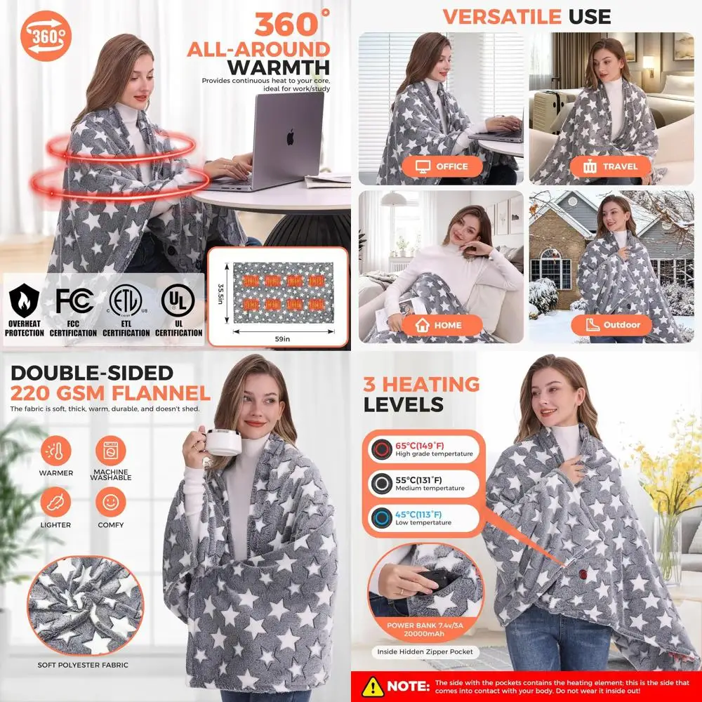 

Portable Cordless Heated Blanket with 20000mAh Battery, 3 Heat Settings, 59x35.5 Gray