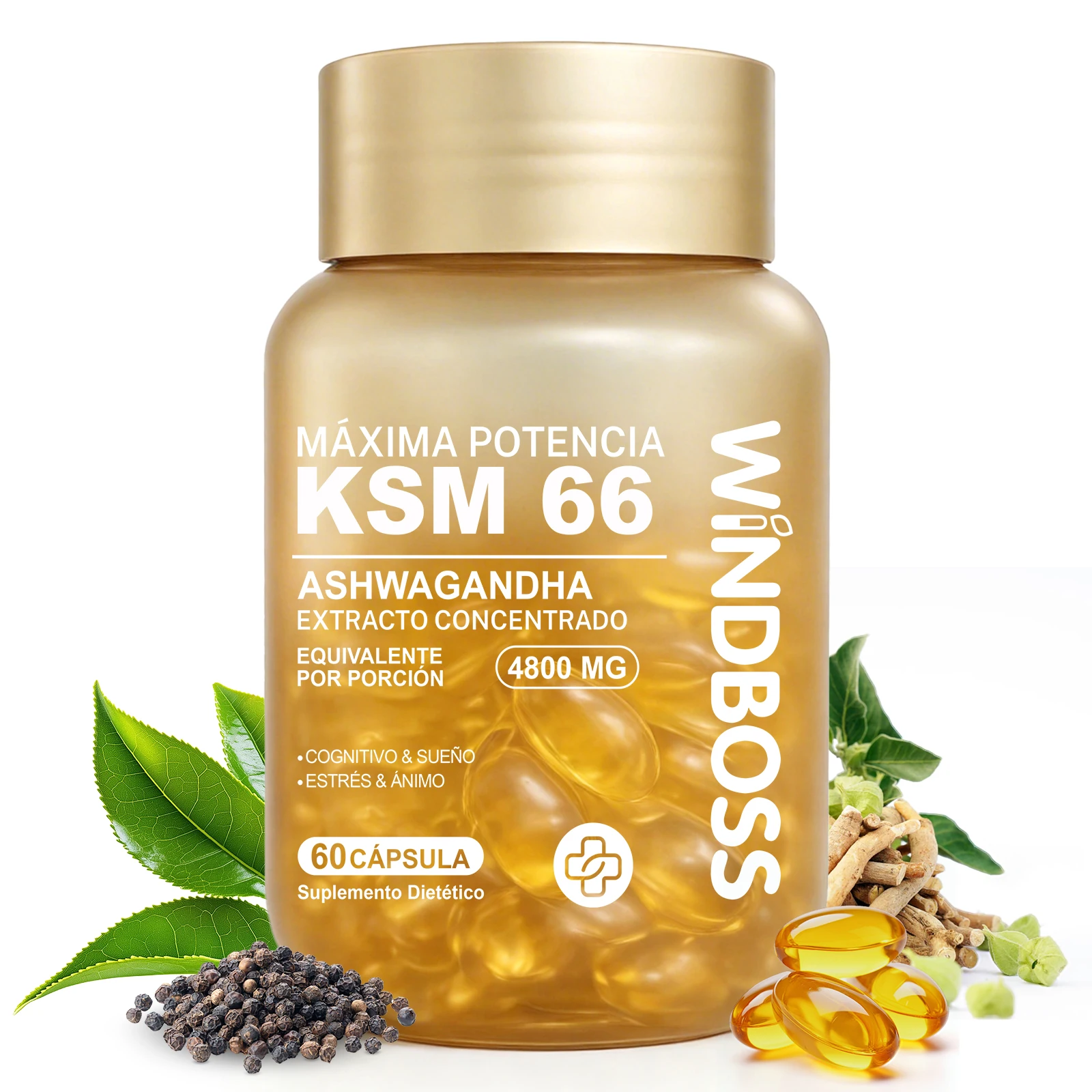 Windboss KSM-66 Ashwagandha 4800mg – Extracto Concentrado en Cápsulas | Apoyo al Bienestar Diario, Energía y Equilibrio | 60 Cápsulas