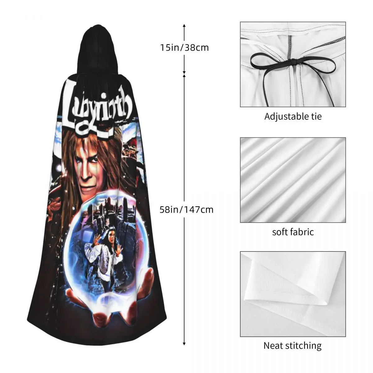 Labyrinth Long Hooded Cloak Witch Medieval Costume Cosplay Cape HalloweenCoat Adult Unisex