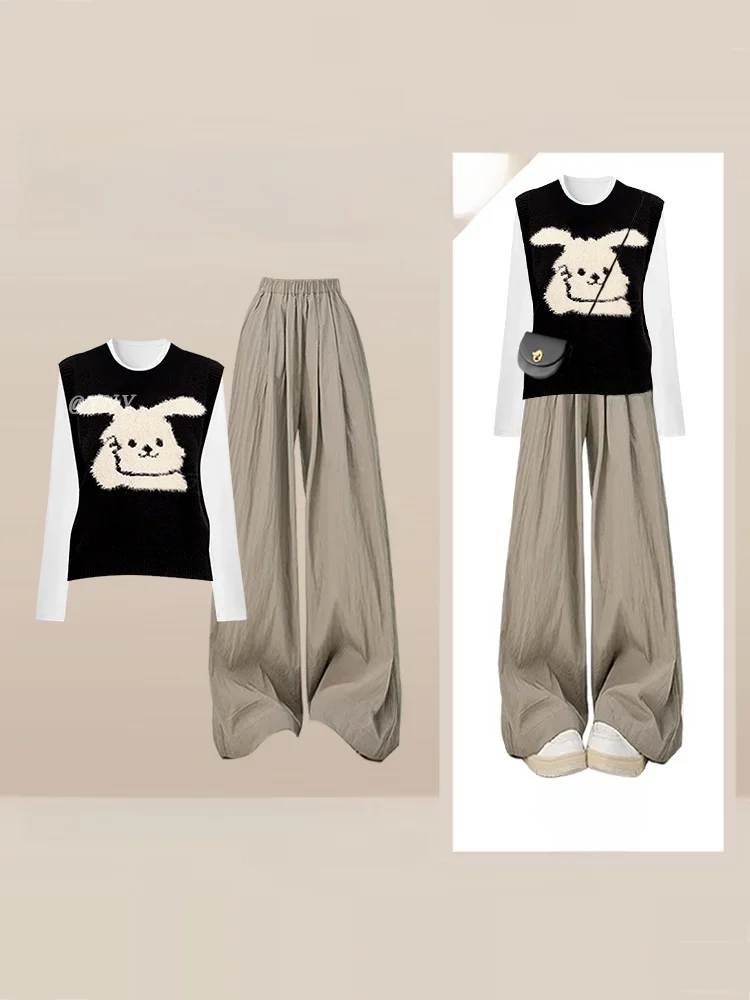 

Large Size Autumn Set Women's Cute Rabbit Knitted Vest round Neck Sweatshirt with Loose Straight Casual Pants Fashion Set