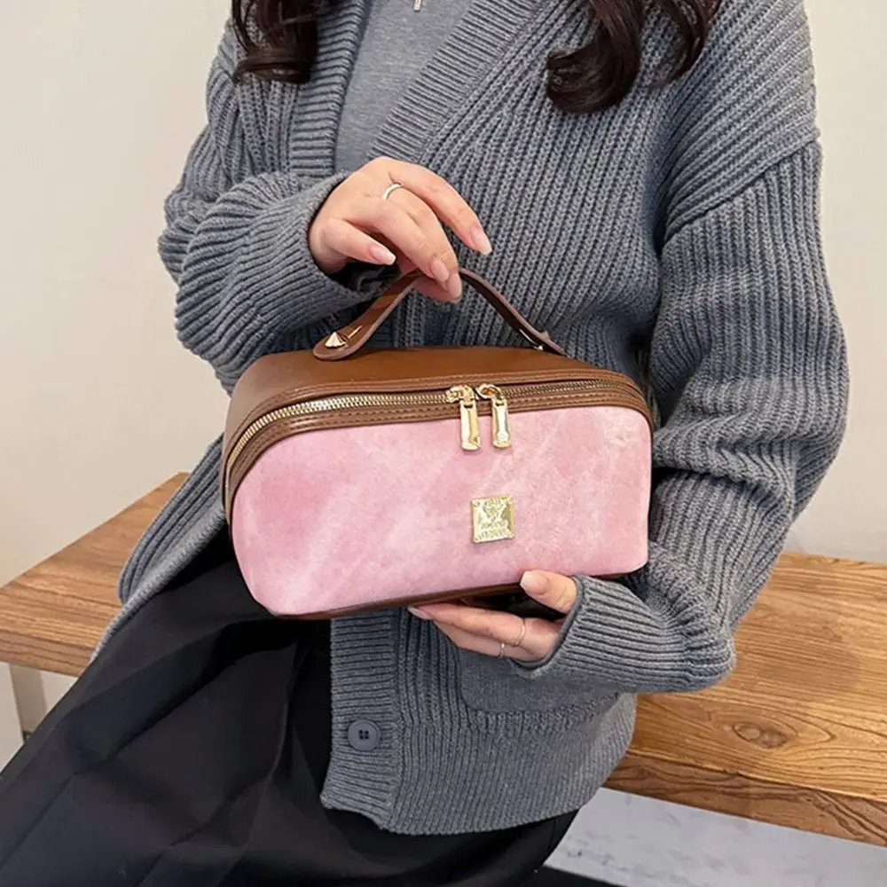 Fashion PU Leather Makeup Bag Square Shape Waterproof Camera Storage Bag Handheld Large Capacity Cosmetic Bag Daily Makeup