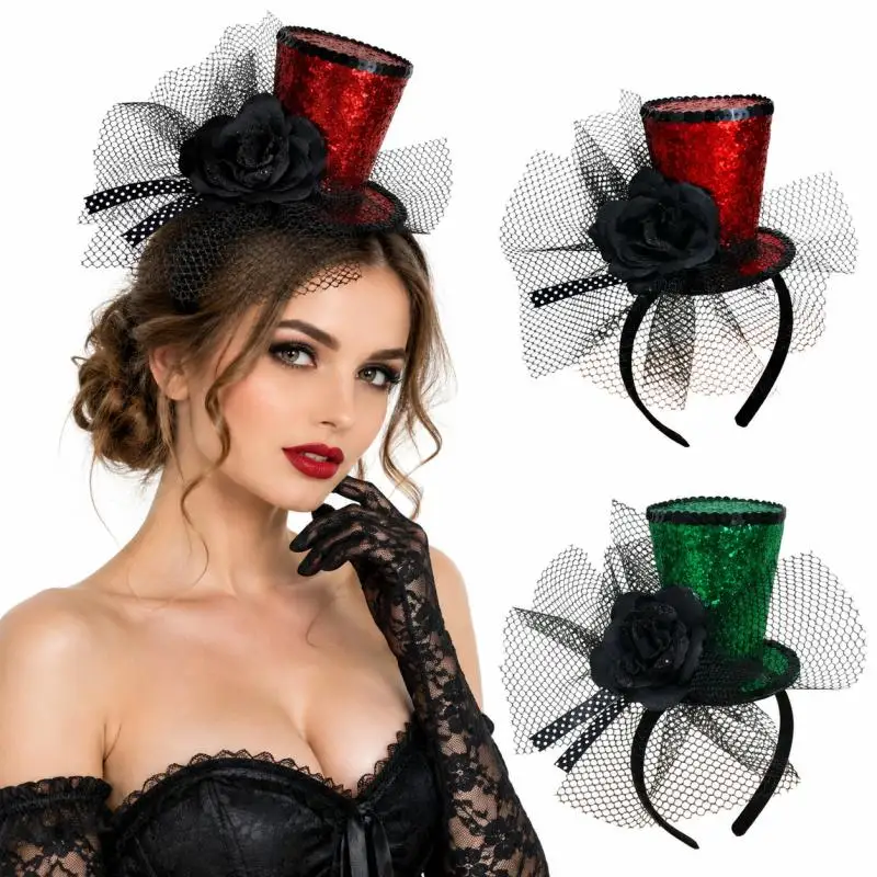 Women Funny Sequin Mini Top Hat Headband with Black Rose Netting Gothic Party Hair Hoop for Halloween Cosplay Costume Accessory