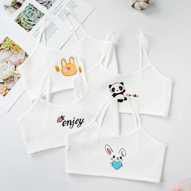 4Pcs Cotton Girls Thin Strap Vest Suspenders Student Sports Wireless Training Bra Girls Students Thin Tube Top Underwear