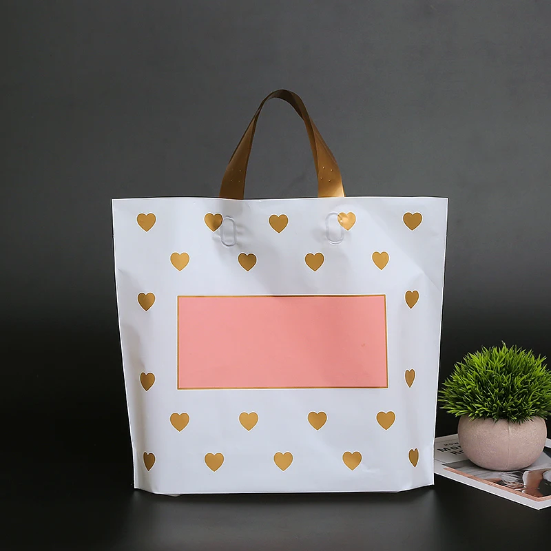 

50pcs Thick Large Plastic Bags 30x25+6cm White Dot Love Pattern Shopping Jewelry Packaging Bags Plastic Gift Bag with Handle