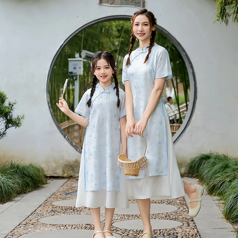 2026 Summer 4 6 8 10 12 14Years Daughter Mom Cheongsam Kids Girls Women Family Matching Outfits Chinese Traditional Qipao Dress