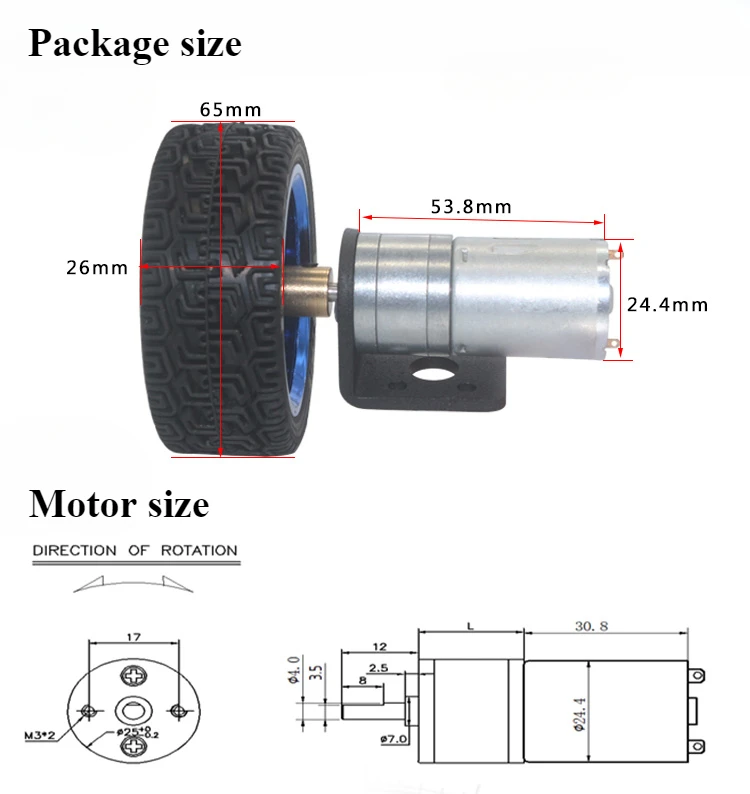 25GA-370 DC 6V 12V 24V  Motor Gear 4mm Shaft With Mounting Bracket Coupling 65mm Wheel 12-1931 RPM for Car Model Motor