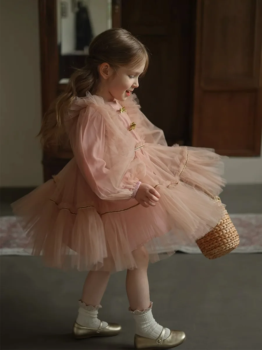 Long Sleeves Tulle Girl Party Dresses Elegant Fluffy Girl Princess Dress Children Lush Birthday Wedding Evening Dress 1y-14y