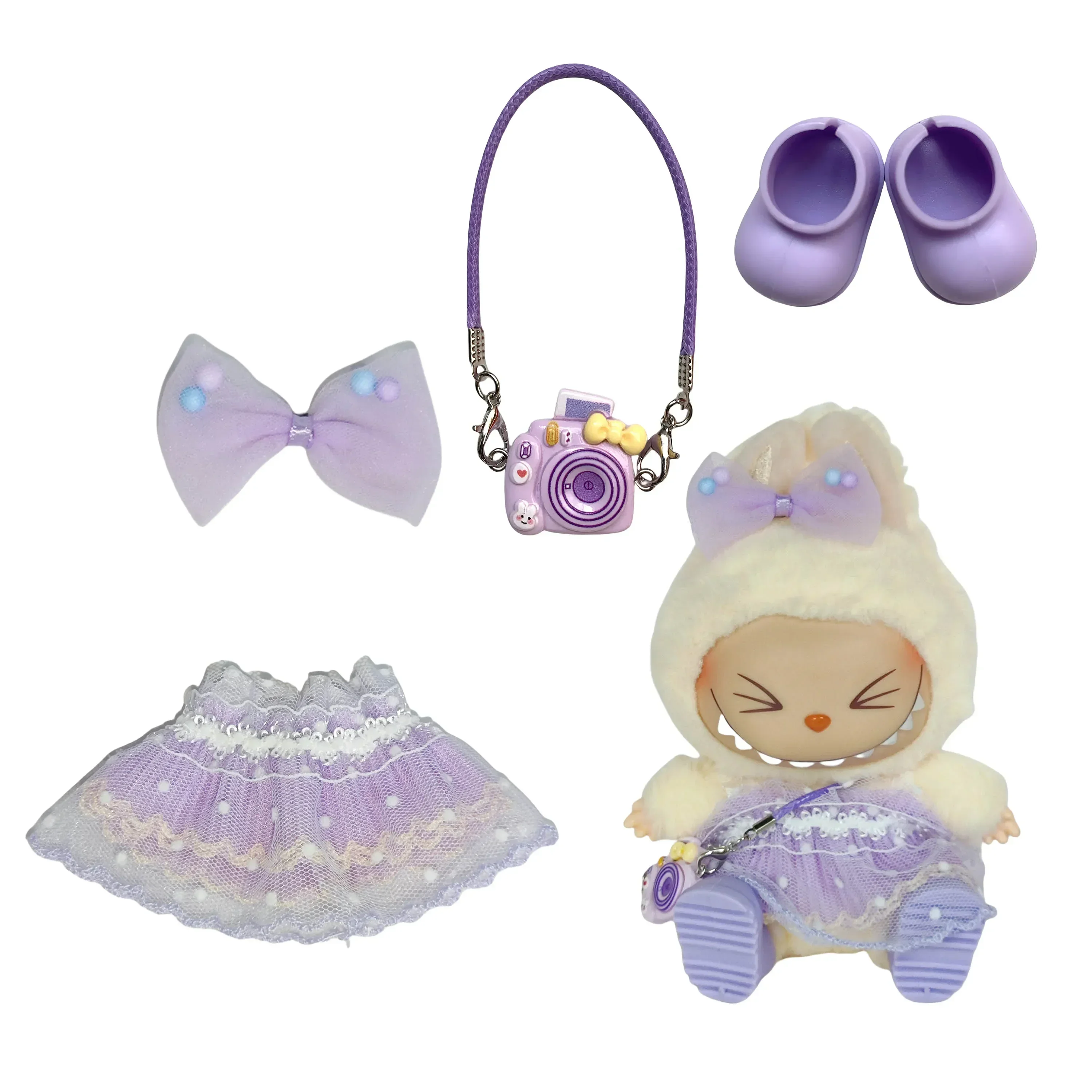 Accessoires de vêtements de mini poupée en peluche de 17 cm pour l'idole K-pop Labubu coréen – tenue jupe de princesse en tulle de soie avec nœud rose brillant