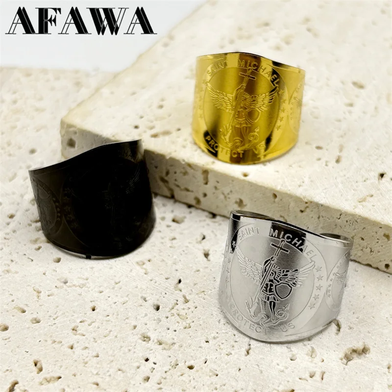Archangel Michael Ring for Women Men Stainless Steel Gold Silver Color Saint Protect Us Adjustable Rings Jewelry anillos hombre