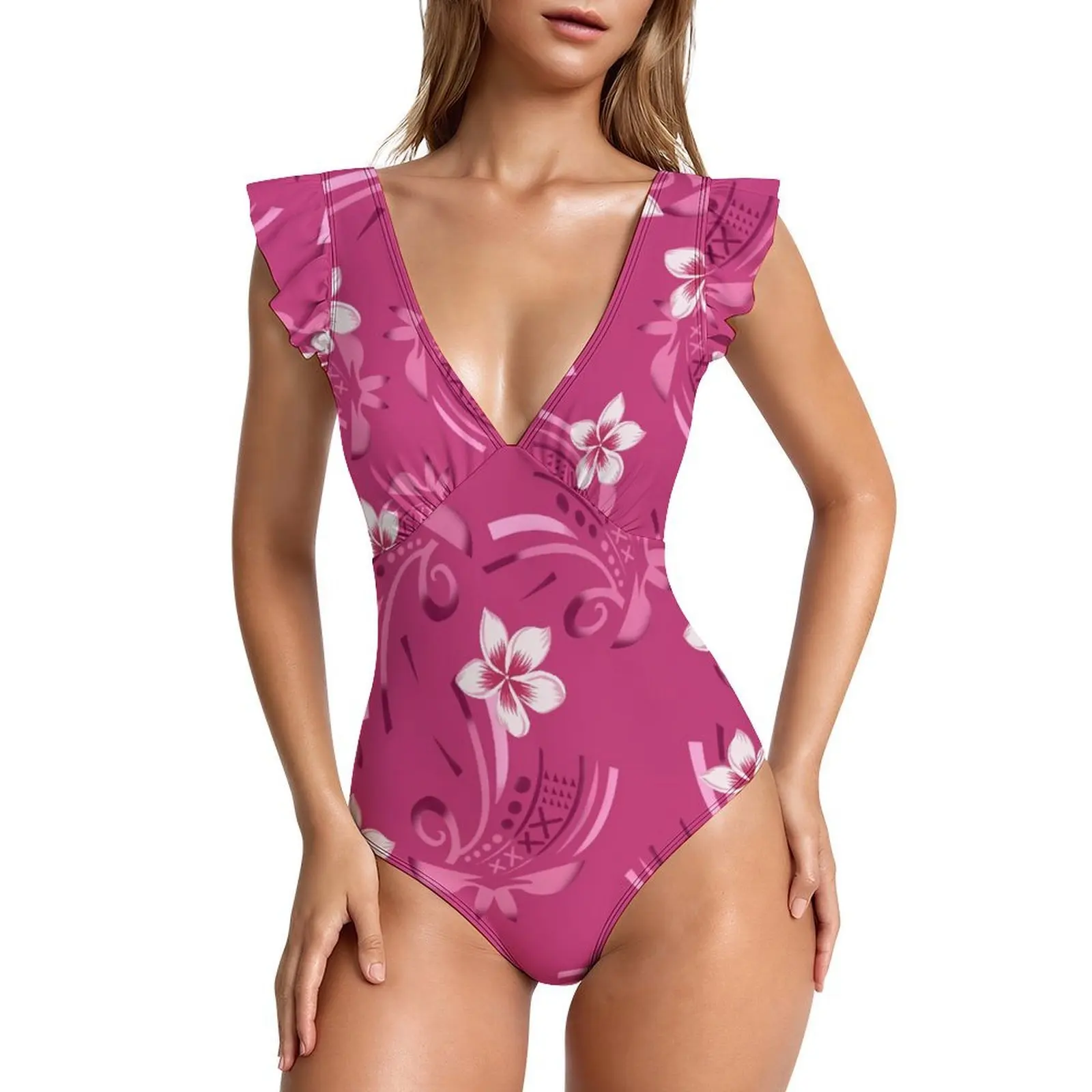 

V-Neck Polynesian-Style Custom-Patterned Ruffled Sleeve One-Piece Swimming Suit With A Tribal Design Wholesale Of Bikini