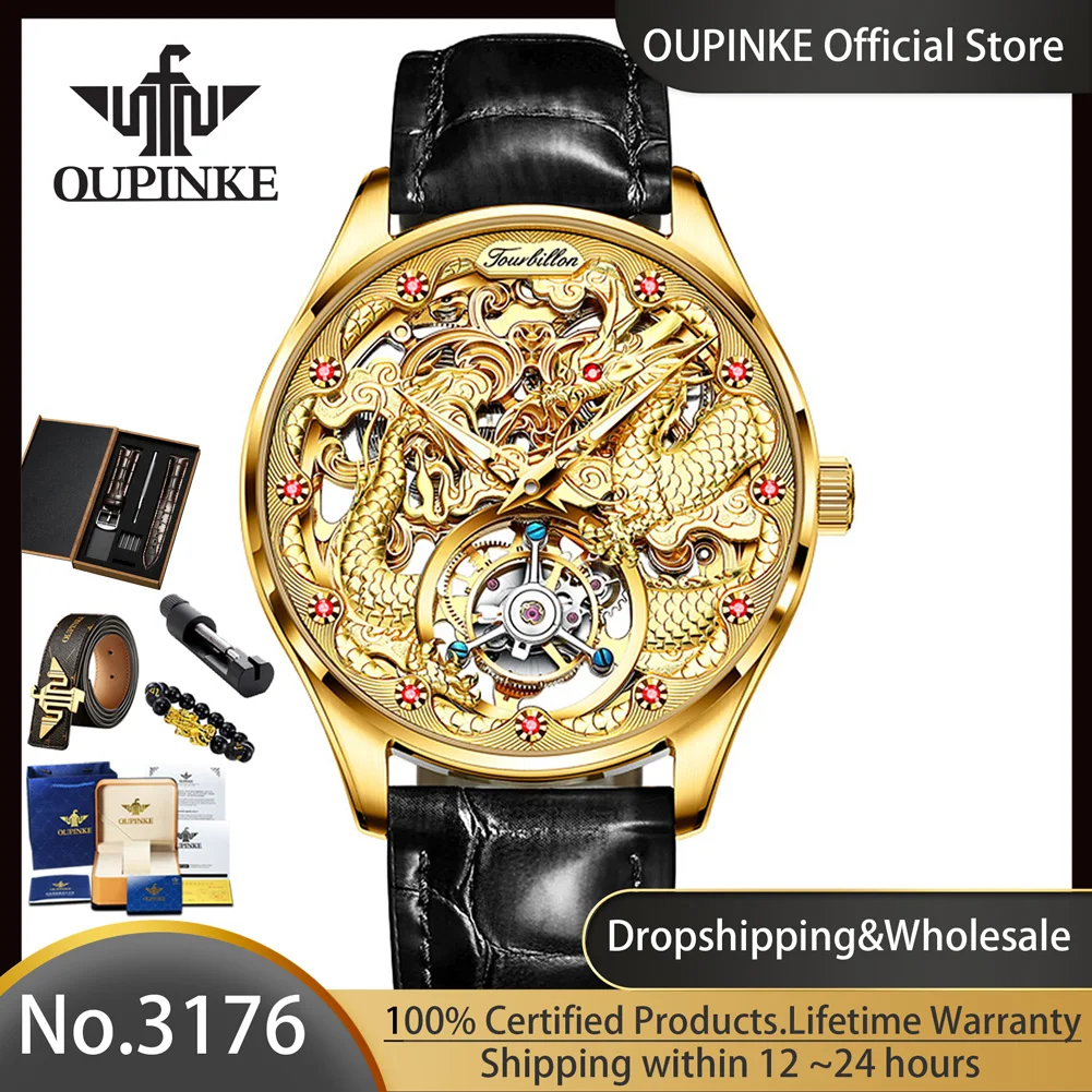 OUPINKE 3176 Real Tourbillon Dragon Watch for Men Top Original Automatic Men\'s Watches High-end Luxury Mechanical Wristwatch Man