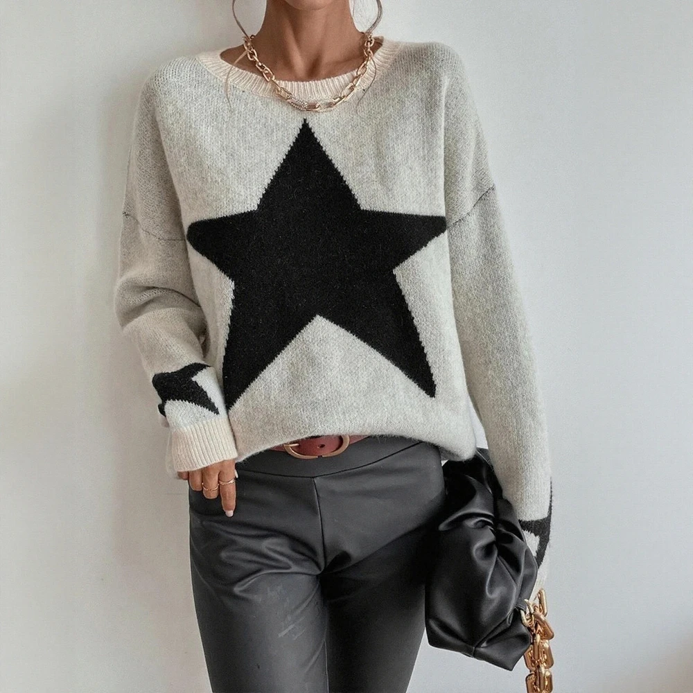 

Женский пуловер с круглым вырезом, свитер на весну и осень, вязаный элегантный индивидуальный топ, модная женская одежда со звездами