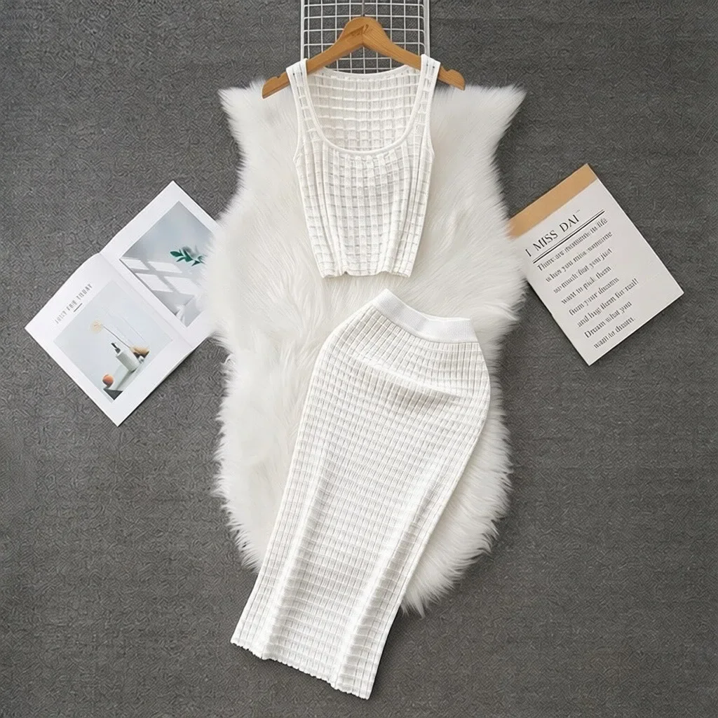 French Fashion Hollow Knitted Matching Set Summer New Women Sleeveless Vest Top Midi Bodycon Skirt Solid Color Two-piece Set Y2k