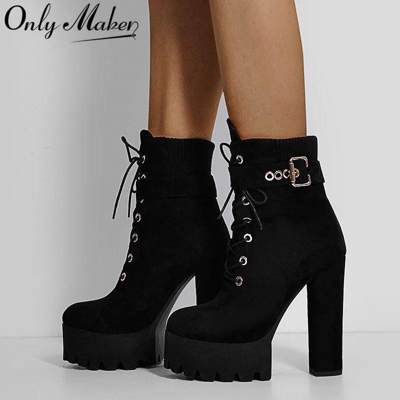 Onlymaker Platform Flock Ankle Boots Chunky High Heels Buckle Strap Plus Size Black Lady Cosplay Booties Shoes