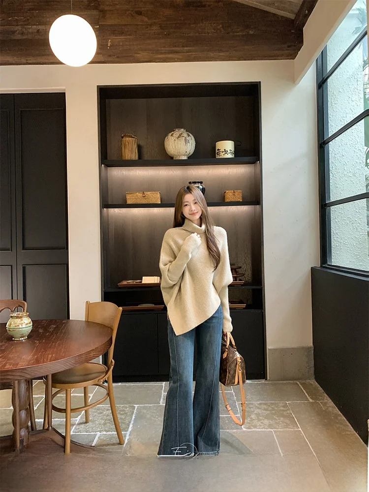 

Джинсы EIA Retro с высокой талией, расклешенные, женские, повседневные, широкие, длинные брюки, весна-осень, с эффектом похудения и удлинения ног