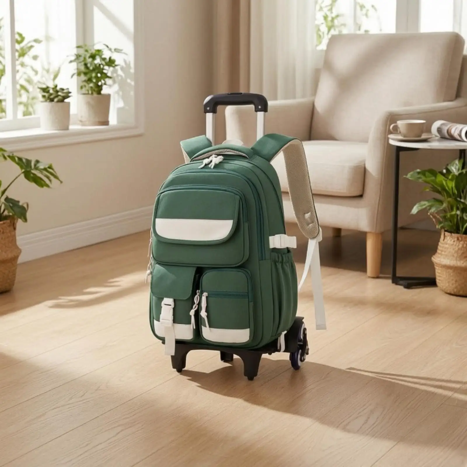Rolling School Bag with Telescoping Handle Reinforced Edges Six-Wheel Rolling School Backpack Portable Lightweight for Students