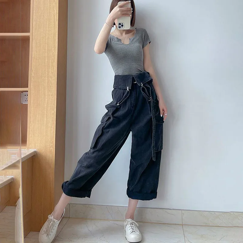 Workwear-style Wide-leg Denim Overalls Women,New Autumn Fashion Design With Retro Halter Jumpsuit Female Shoulder Strap Jeans