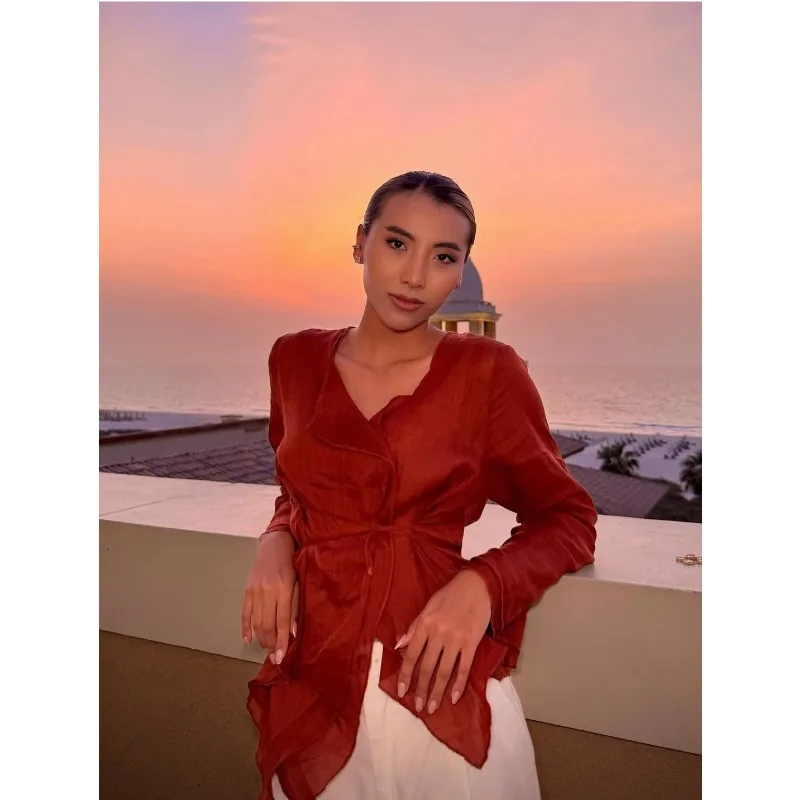 2026 Summer New Irregular V Neck Long Sleeve Blouse for Women Asymmetrical Ruffle Hem Linen Shirt Elegant All-match Ladies Tops 6