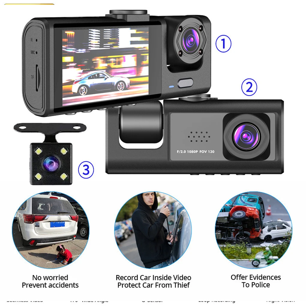 ABS Auto 3 Lenses Dash Cam 2-inch Screen Battery Powered Rechargeable Camera