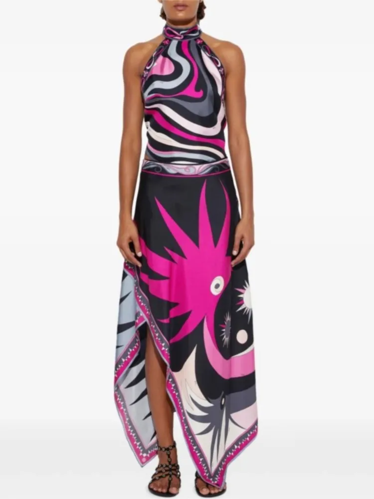 

Модная юбка нестандартной формы с принтом, комплект из 2 предметов, женская летняя пляжная одежда для отдыха, сексуальная майка с открытой спиной и лямкой на шее на шнуровке + костюм с юбкой