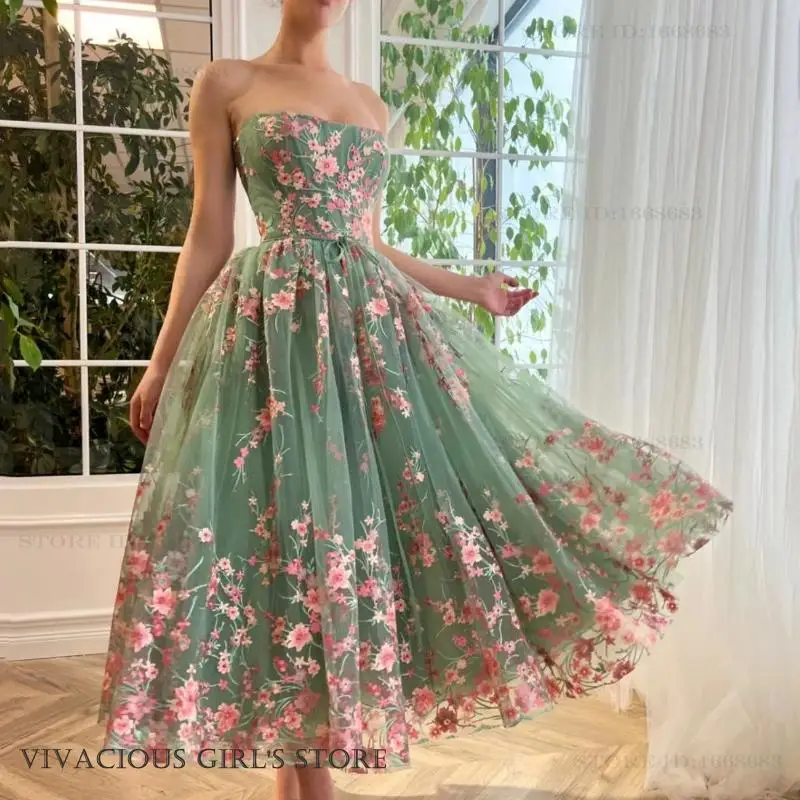 

Young Girl Graduation Dress Sexy Strapless Mesh Evening Party Dress Embroidered Flowers A-Line Bar Mitzvah Prom Dress Maxi Dress