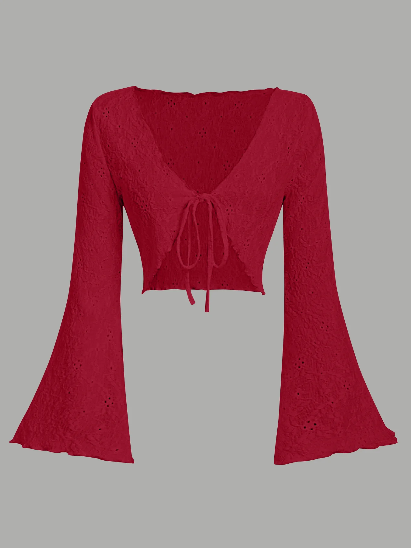 Damen-Cardigan mit Ösen-Spitze, ausgestellten Ärmeln, vorne gebunden, V-Ausschnitt, gewelltem Saum, einfarbig Schwarz, Sommer-Überwurf-Top – Detail 1
