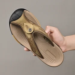 Classic Summer Genuine Leather Flip-flops Men Sandals Soft Leather Shoes Man Sandalias Outdoor Antiskid Beach Sandals Handmade